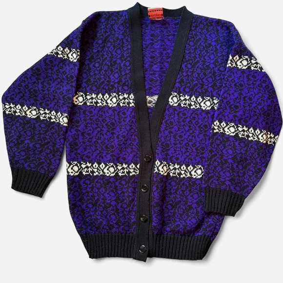 Bingo Sweaters - Vtg Patterned Cardigan Sweater Women's Buttons Purple Black 80s Bold Dopamine‎ M